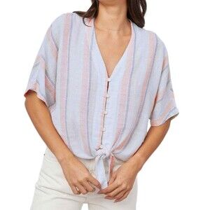 Rails Thea Biarritz Multi Stripe Button Tie Front Shirt XS V-Neck Blue NWT B55